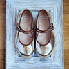 Manuela de Juan Girls Metallic Silver Mary Jane with Brown Piping Manuela de Juan Girls Metallic Silver Mary Jane with Brown Piping